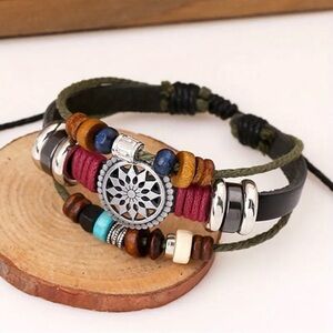 Unique Wooden Beads Wrist Cuff Link‎ Braided Leather Couple Decorative Bracelet